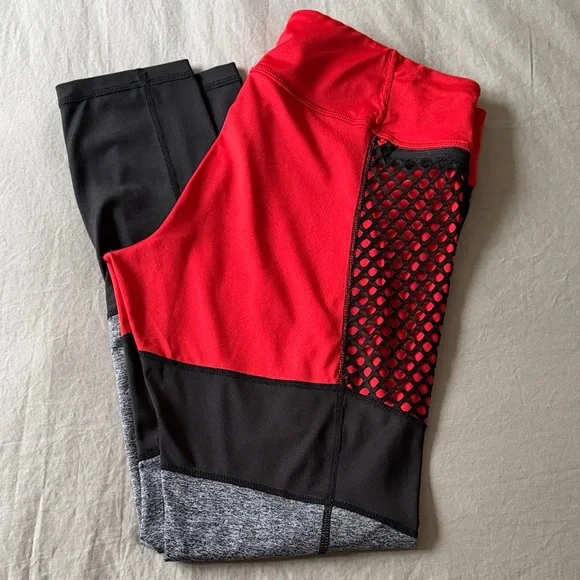 REFLEX Large sporty tights, red m black grey and mesh Colorblock Leggings - Picture 3 of 10